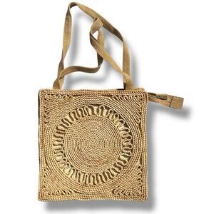 Vintage Straw Handbag Market Bag Tote Lined Square Zip Closure Tan Brown